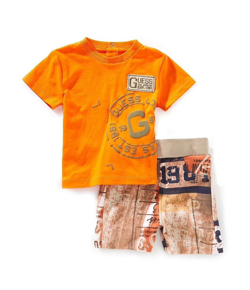 Guess Baby Boys Short Puff-Printed/Embroiderd-Logo Knit T-Shirt & Unbrushed Fleece Shorts Set