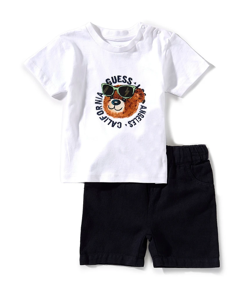 Guess Baby Boys Short Sleeve Bear-Face-Graphic Knit T-Shirt & Linen-Blend Shorts Set