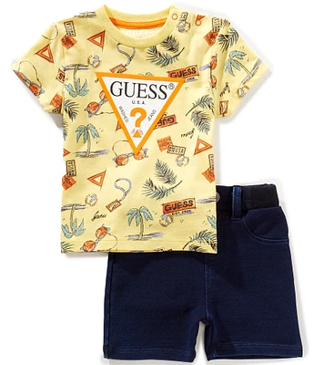 Guess Baby Boys Short-Sleeve Printed T-Shirt & Denim-Look Knit Shorts Set