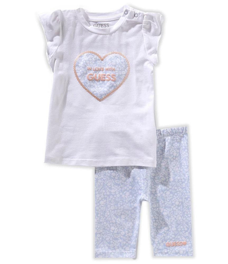 Guess Baby Girls Flutter-Sleeve Glitter-Accented Puff-Printed Heart Motif T-Shirt & Printed Leggings Set