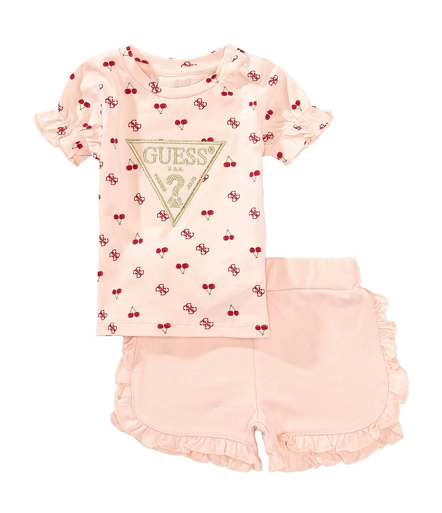 Guess Baby Girls Ruffle-Sleeve Cherry-Printed T-Shirt & Solid Ruffle-Hem Shorts Set