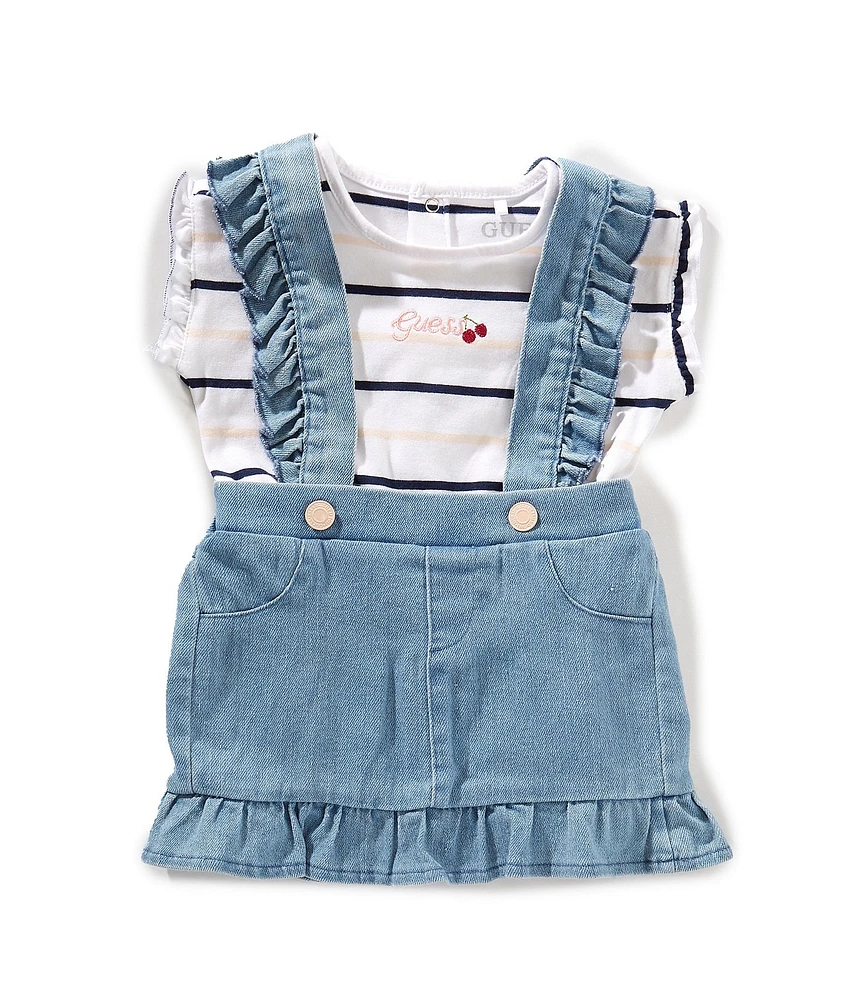 Guess Baby Girls Sleeveless Denim Skirted Overall & Striped Bodysuit Set
