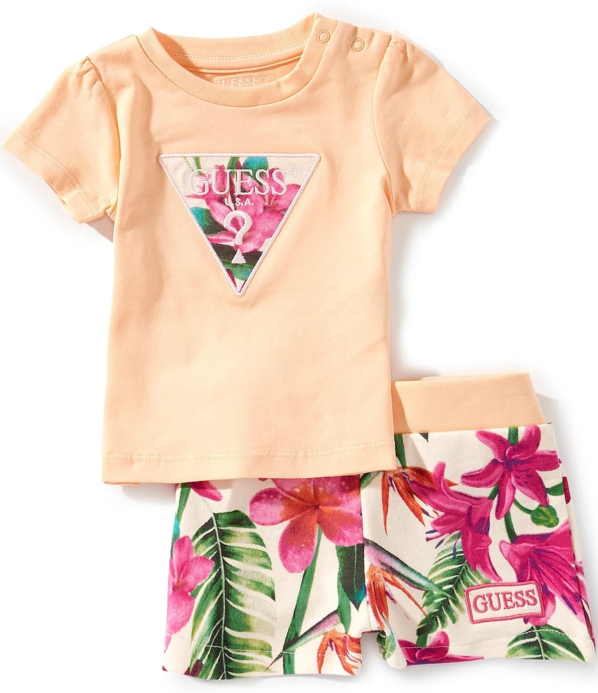 Guess Baby Girls Tropical Print Triangle Logo Short Sleeve T-Shirt & Tropical Floral Print Shorts Set