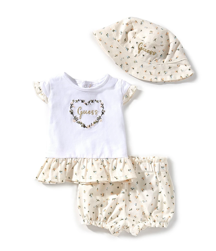Guess Baby Girls Floral Print Flutter Sleeve Top, French Terry Shorts & Hat Set