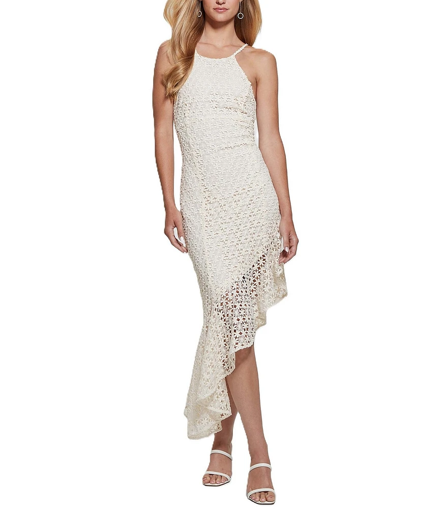 Guess Claudia Eyelet Embroidered Floral Overlay Asymmetric Hem Dress