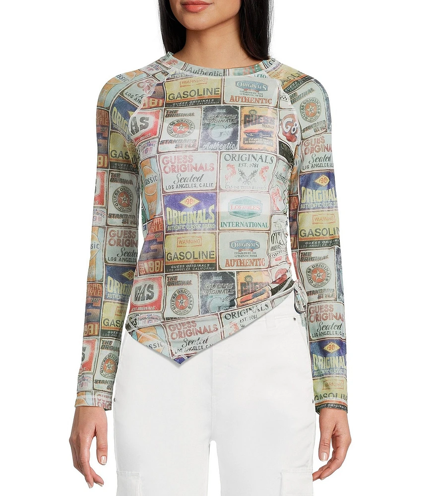Guess Graphic Pattern Mesh Raglan Sleeve Top
