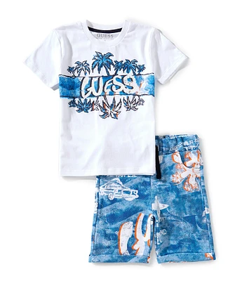 Guess Little Boys Short Sleeve Graphic Active Top & Allover Print Short 2-Piece Set