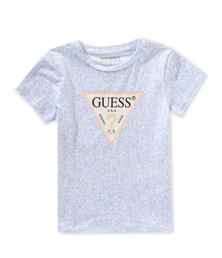 Guess Little Girls Floral Print Short Sleeve Triangle Logo T-Shirt