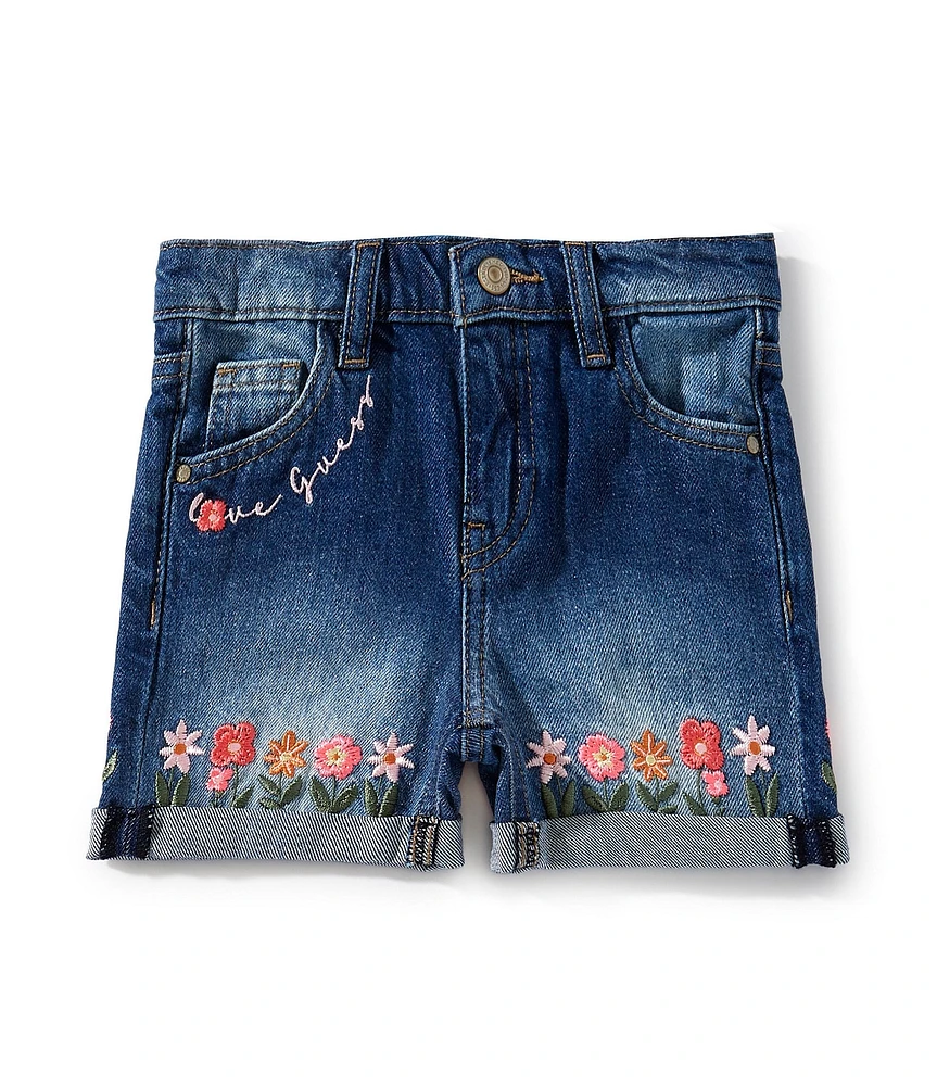 Guess Little Girls Flower Embroidered Five-Pocket Denim Shorts