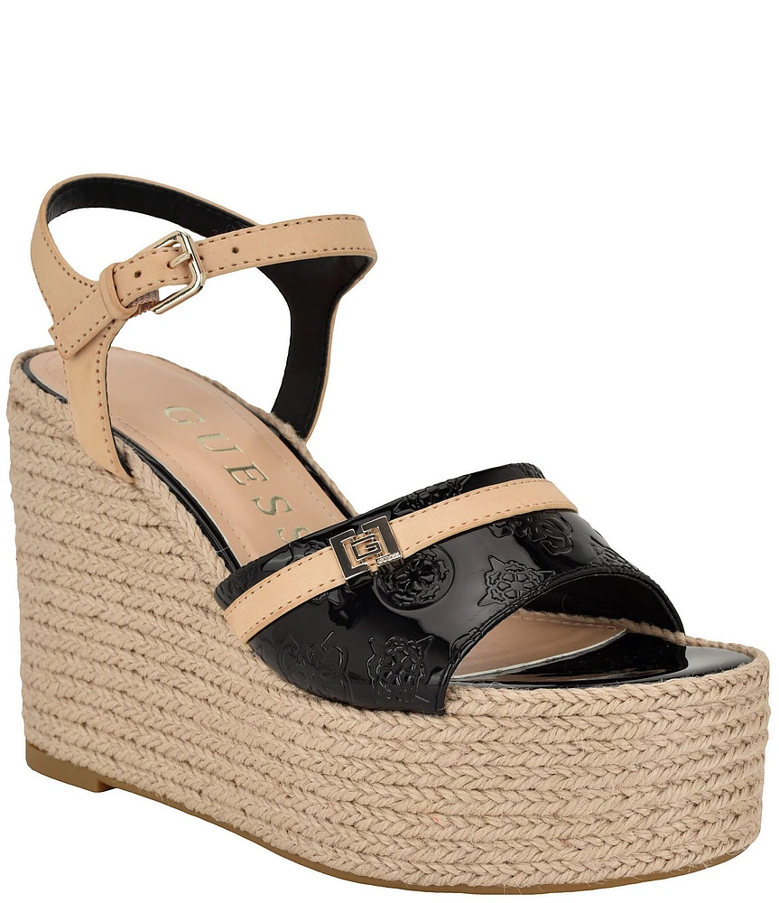 Guess Taani Logo Embossed Patent Platform Wedge Espadrille Sandals