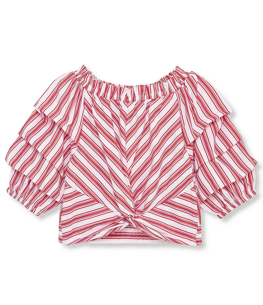 Habitual Big Girls Ruched-Sleeve Jagger Mixed-Media Striped Top