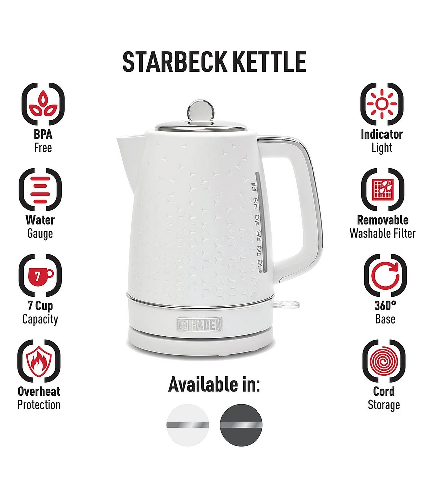 Haden Starbeck Kettle 1.7 Liter Textured PP/ABS Body, Cordless Electric Kettle with Auto Shut-Off and Boil-Dry