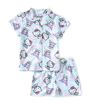 Hello Kitty Little Girls Printed Short Sleeve Button Down Top & Pull-On Shorts Pajama Set