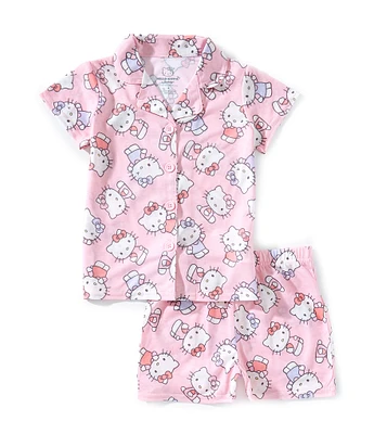 Hello Kitty Little/Big Girls Printed Short Sleeve Button Down Top & Pull-On Shorts Pajama Set