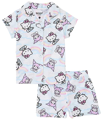 Hello Kitty Little/Big Girls Kitty/Rainbow Short Sleeve Button Down Top & Pull-On Shorts Pajama Set