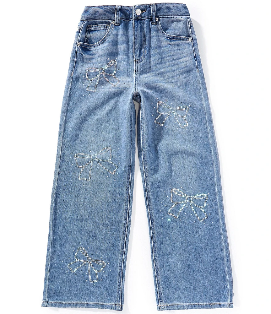 Hippie Girl Big Girls Sequin-Embellished Bow-Patterned Wide-Leg Jeans