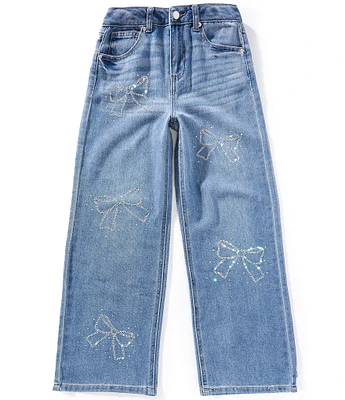 Hippie Girl Big Girls Sequin-Embellished Bow-Patterned Wide-Leg Jeans
