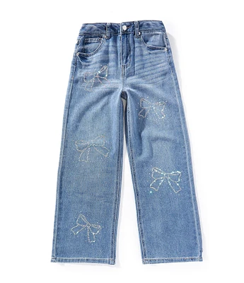 Hippie Girl Little Girls Sequin-Embellished Bow-Patterned Wide-Leg Jeans