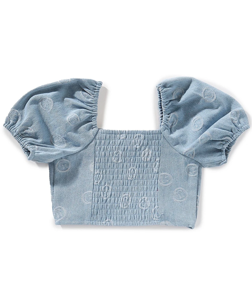 Honey & Sparkle Big Girls Puffed-Sleeve Smiley Face Print Textured Cropped Top