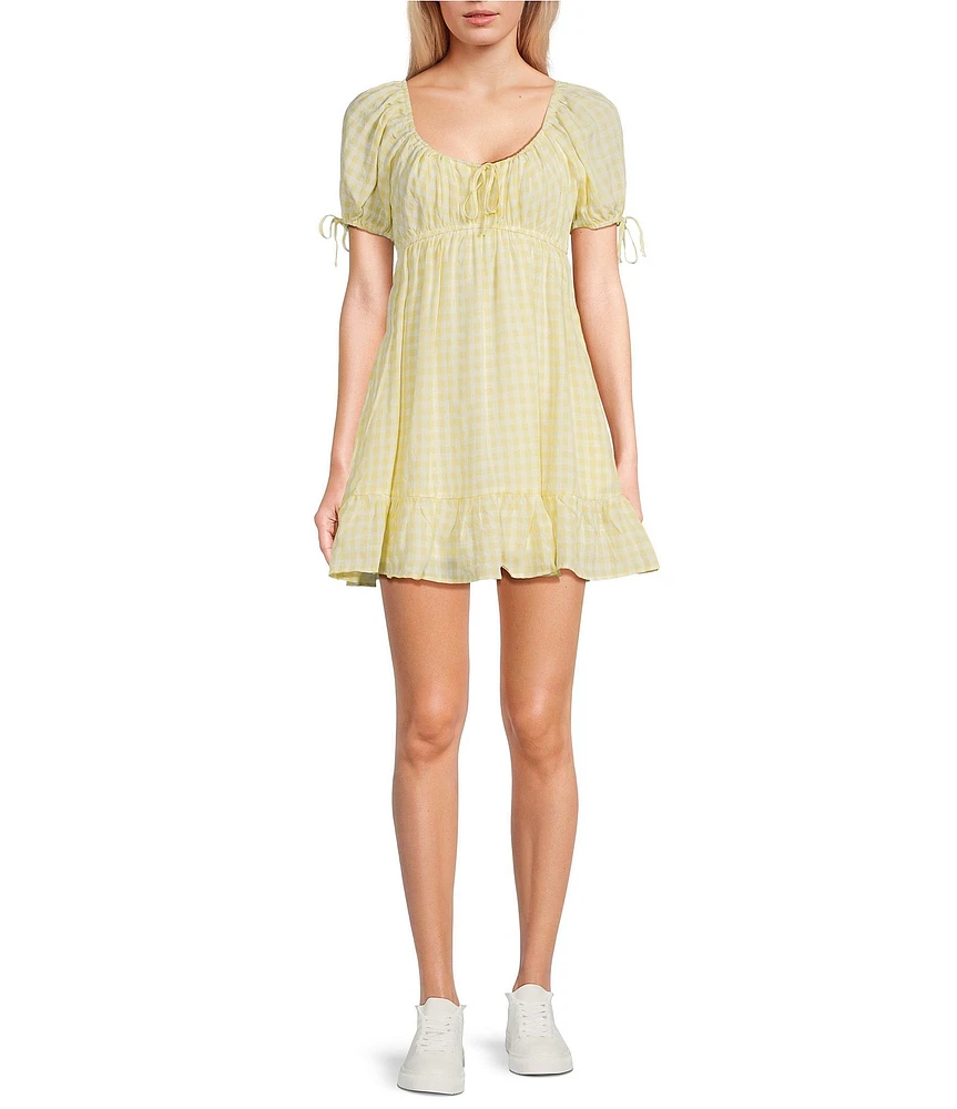 Honey & Sparkle Gingham Round Neck Short Puff Sleeve Babydoll Dress