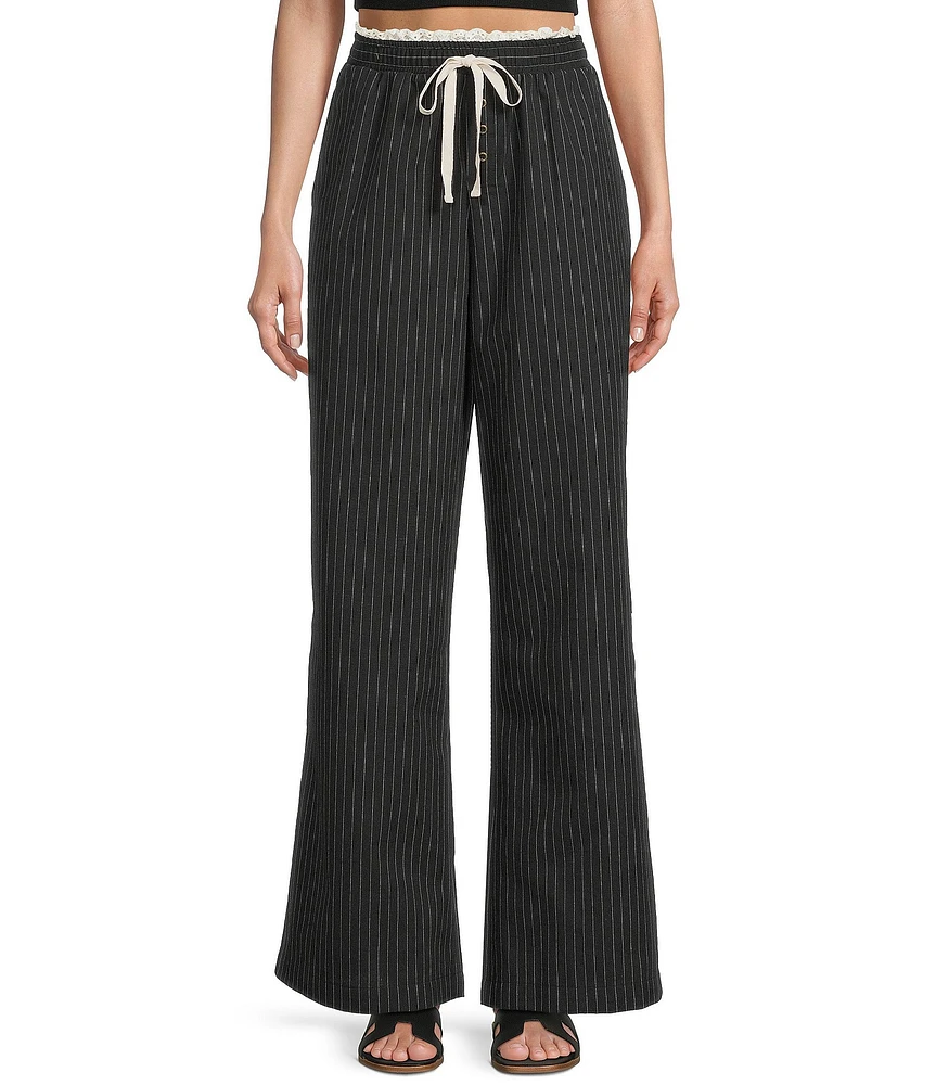 Honey & Sparkle Pinstripe Pattern Mid Rise Lace Trim Wide Leg Pants