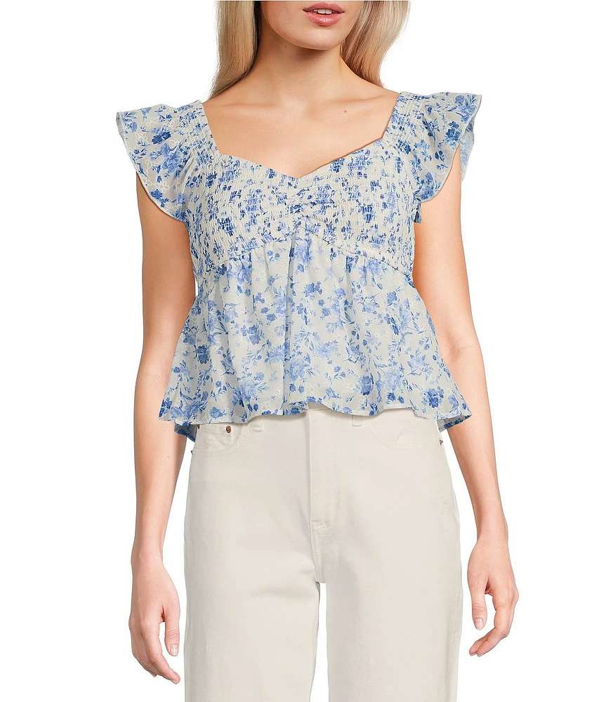 Honey & Sparkle Printed Chiffon Smocked Butterfly Sleeve Babydoll Top