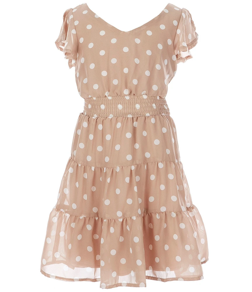 Honey and Rosie Big Girls Flutter Sleeve Bow-Back Dotted Fit-And-Flare Dress