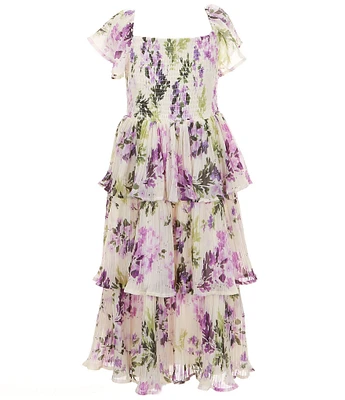 Honey and Rosie Big Girls Flutter-Sleeve Floral-Printed Tiered Long Dress
