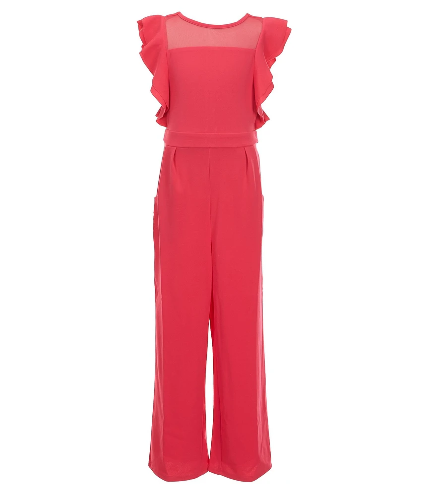 Honey and Rosie Big Girls Mesh Round Neck Ruffle Jumpsuit