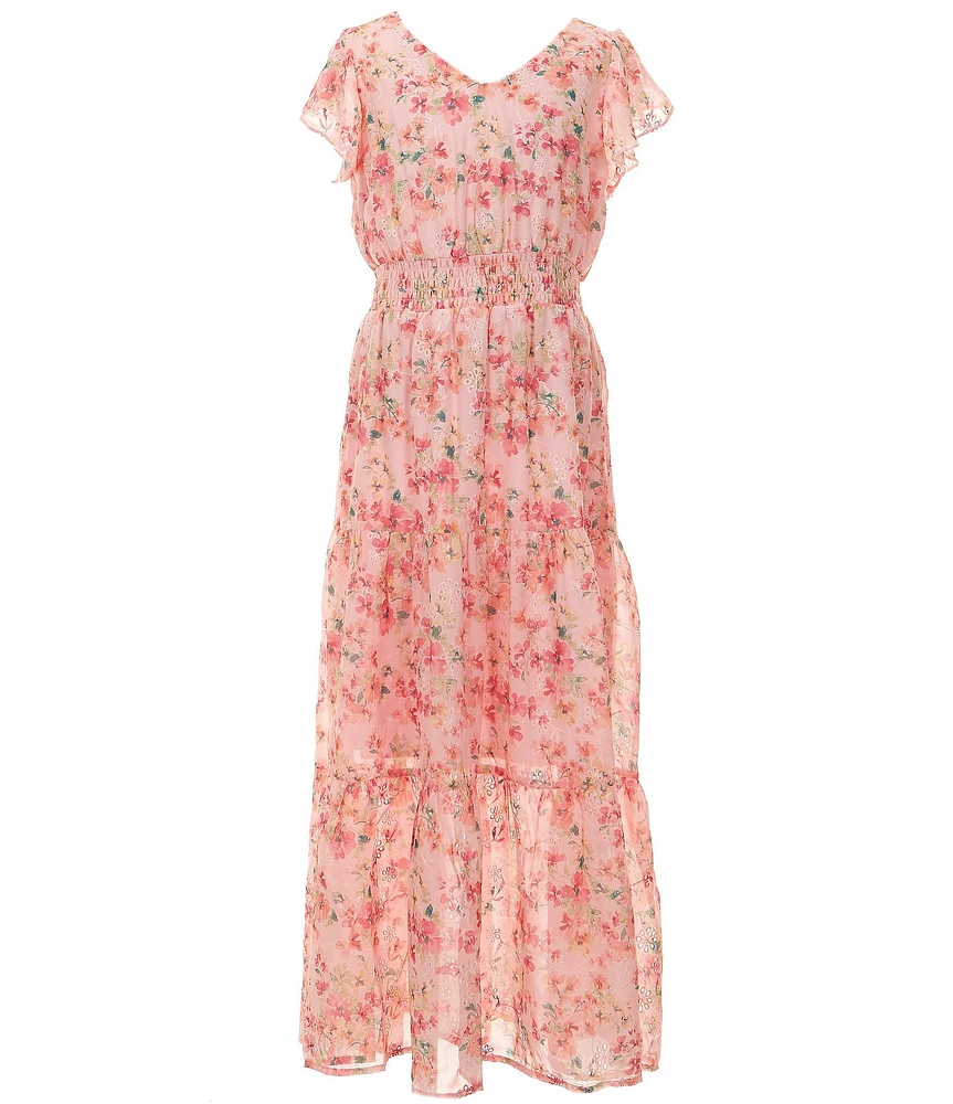 Honey and Rosie Big Girls Short Flutter Sleeves V-Neck Floral Maxi Dress