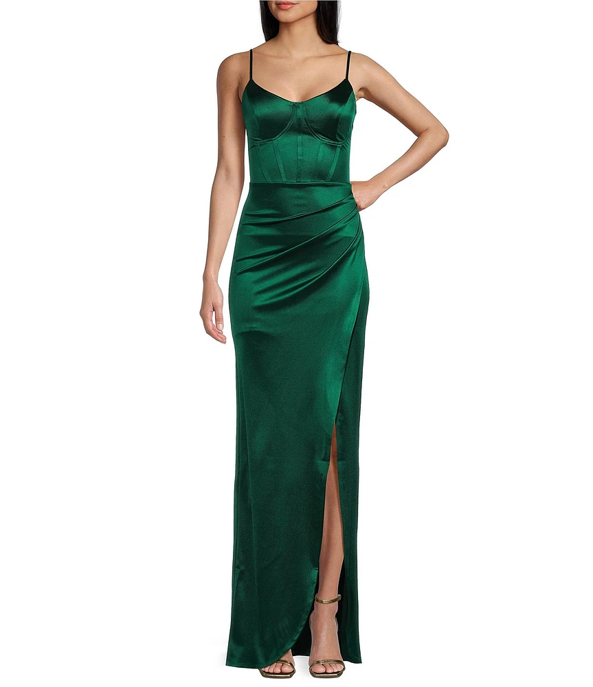 Honey and Rosie Corset Lace-Up Back Side Slit Long Dress