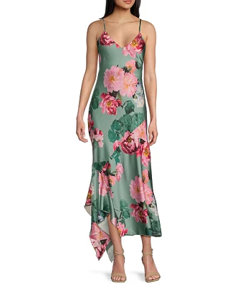 Honey and Rosie Floral Print Satin Slip V-Neck Handkerchief Hem Dress
