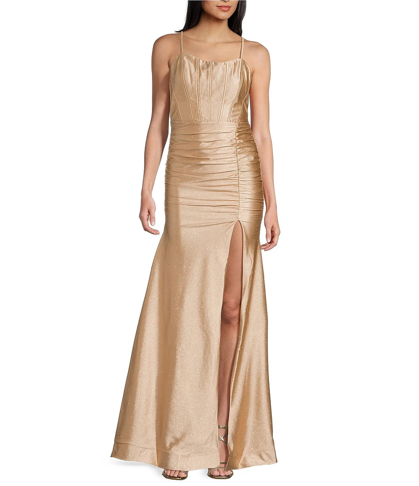Honey and Rosie Glitter Knit Scoop Neck Spaghetti Strap Low Back Shirred Gown