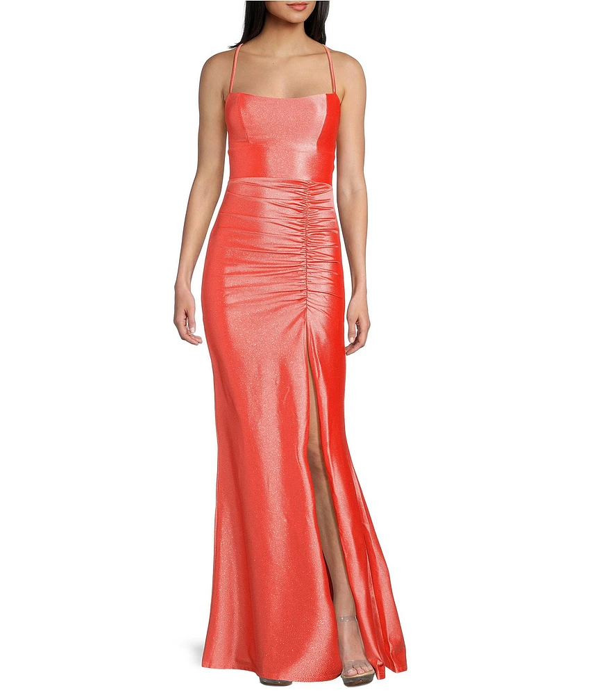 Honey and Rosie Glitter Lace-Up Back Front Slit Mermaid Long Dress