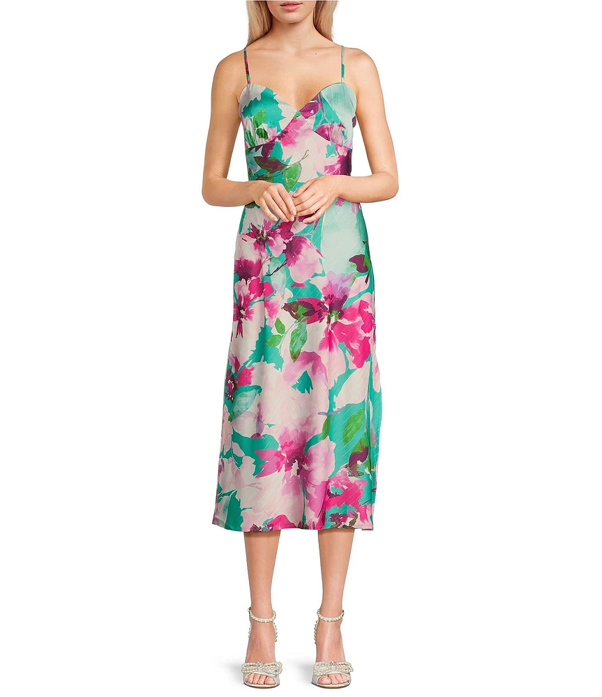 Honey and Rosie Printed Floral Satin Sleeveless Sweetheart Neckline Midi Dress