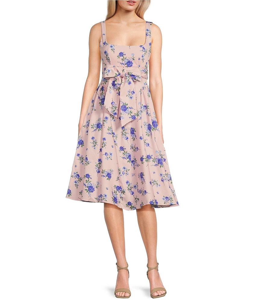 Honey and Rosie Floral Printed Stretch Sateen Square Neck Open Back Midi Dress