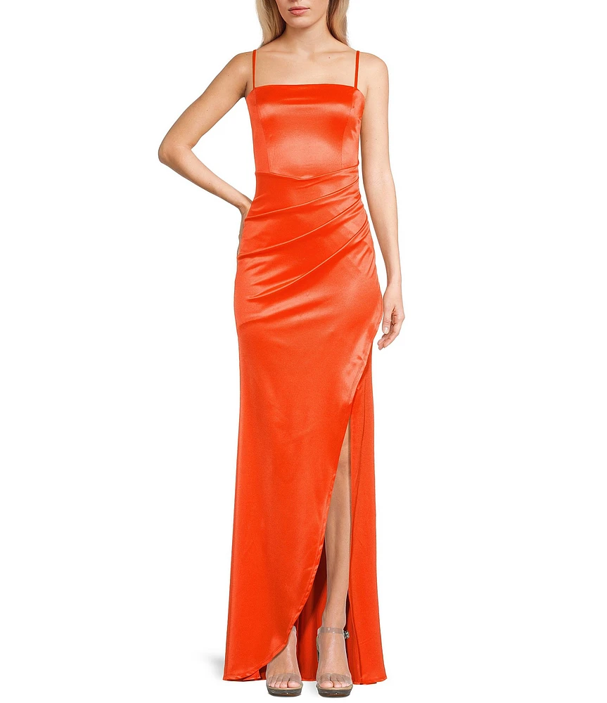 Honey and Rosie Spaghetti-Strap Square-Neck Faux-Wrap Slit Hem Stretch Satin Long Dress