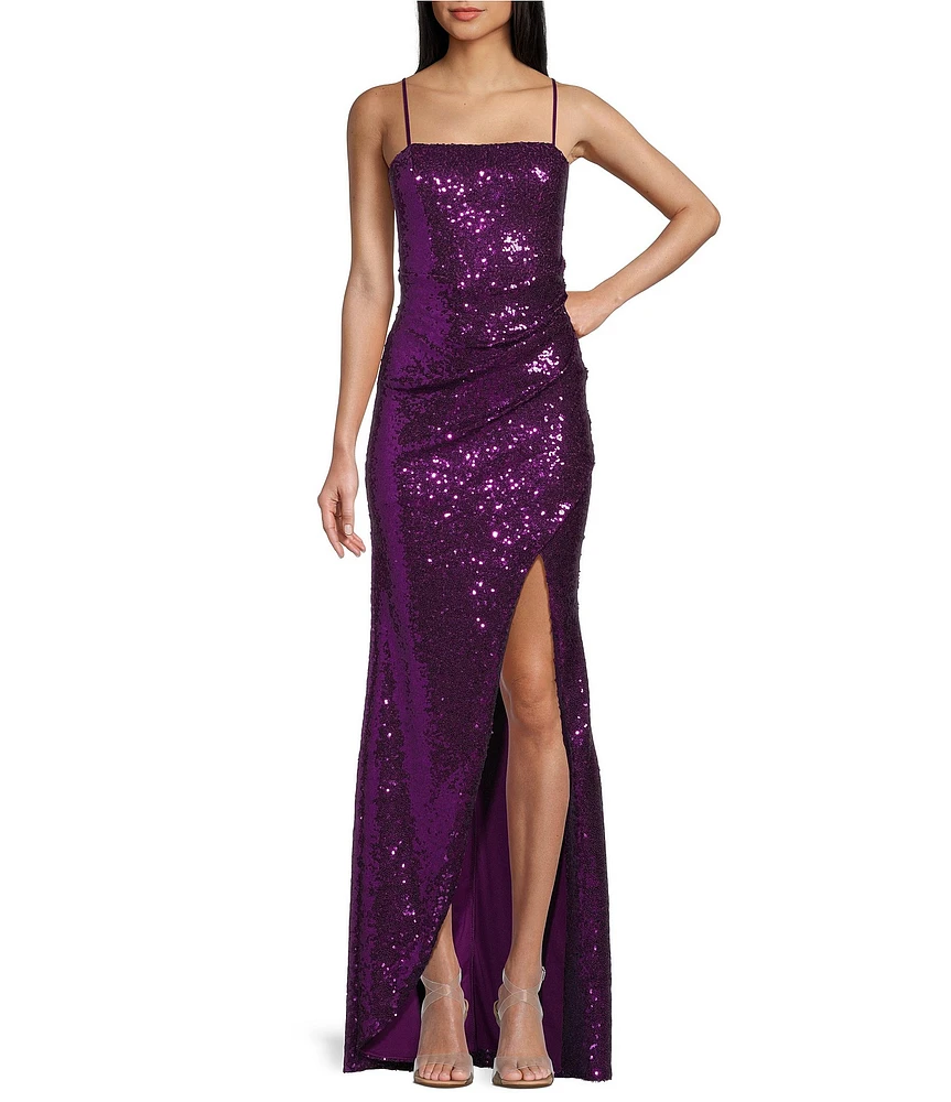 Honey and Rosie Sequin Square Neck Pleated Waist Side Slit Long Gown