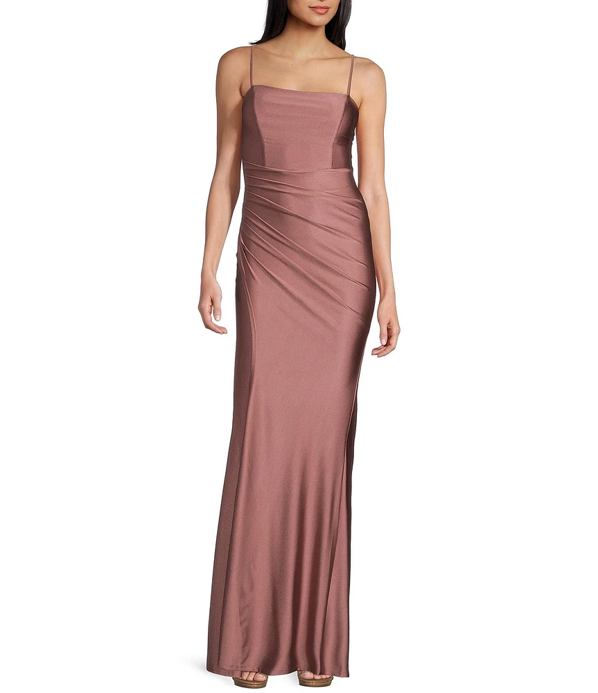 Honey and Rosie Square Neck Lace Up Back Pleated Mermaid Dress