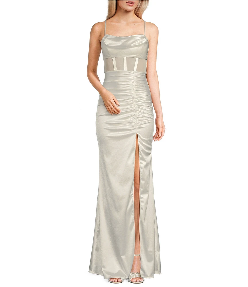 Honey and Rosie Sweetheart Drape Neck Illusion Mesh Corset Front Slit Long Dress