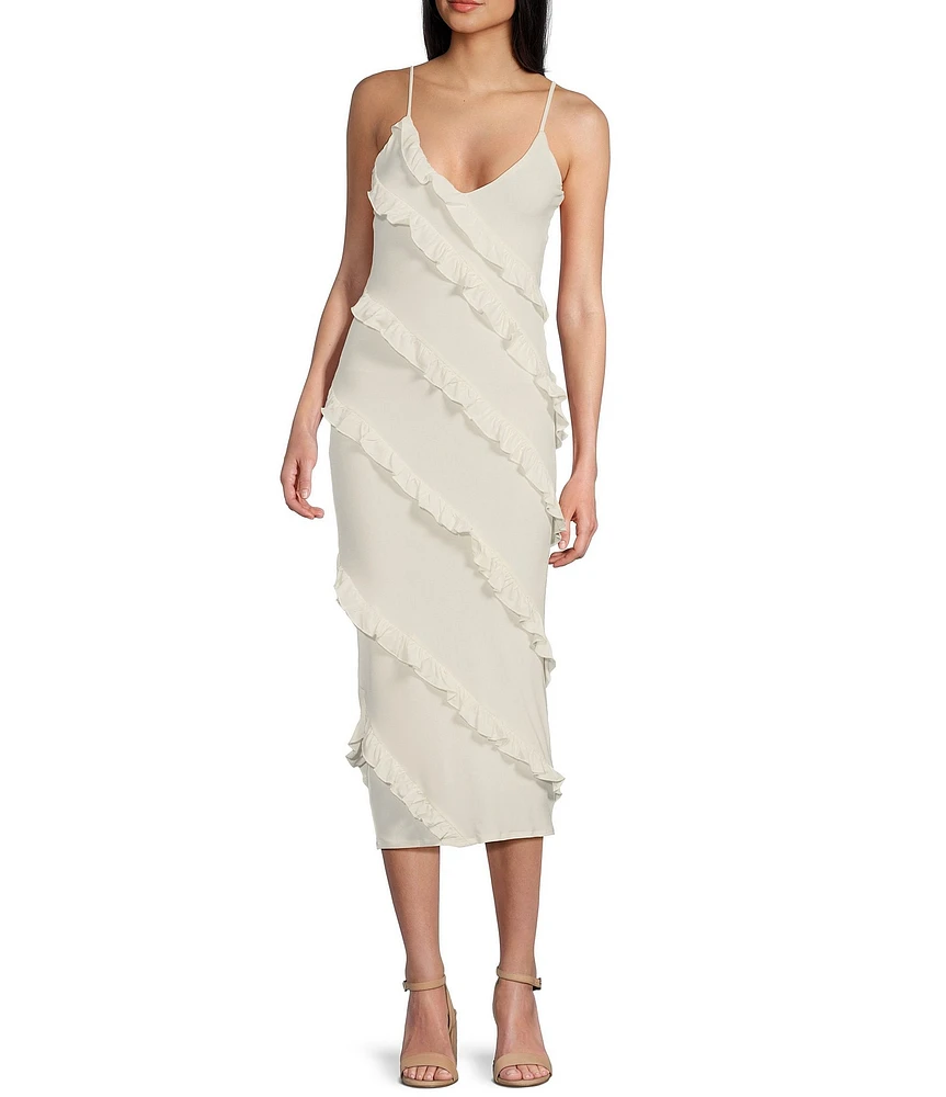 Honey and Rosie V-Neck Spaghetti Strap Ruffle Fitted Midi Dress