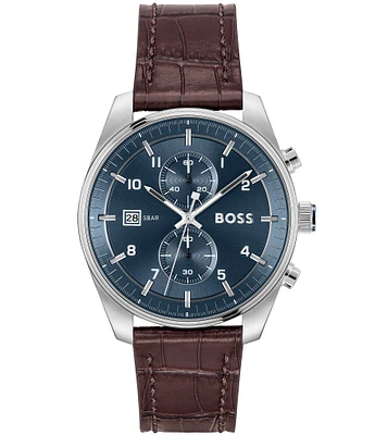 Hugo Boss Men's Skytraveller Quartz Chronograph Burgundy Dial Black Leather Strap Watch