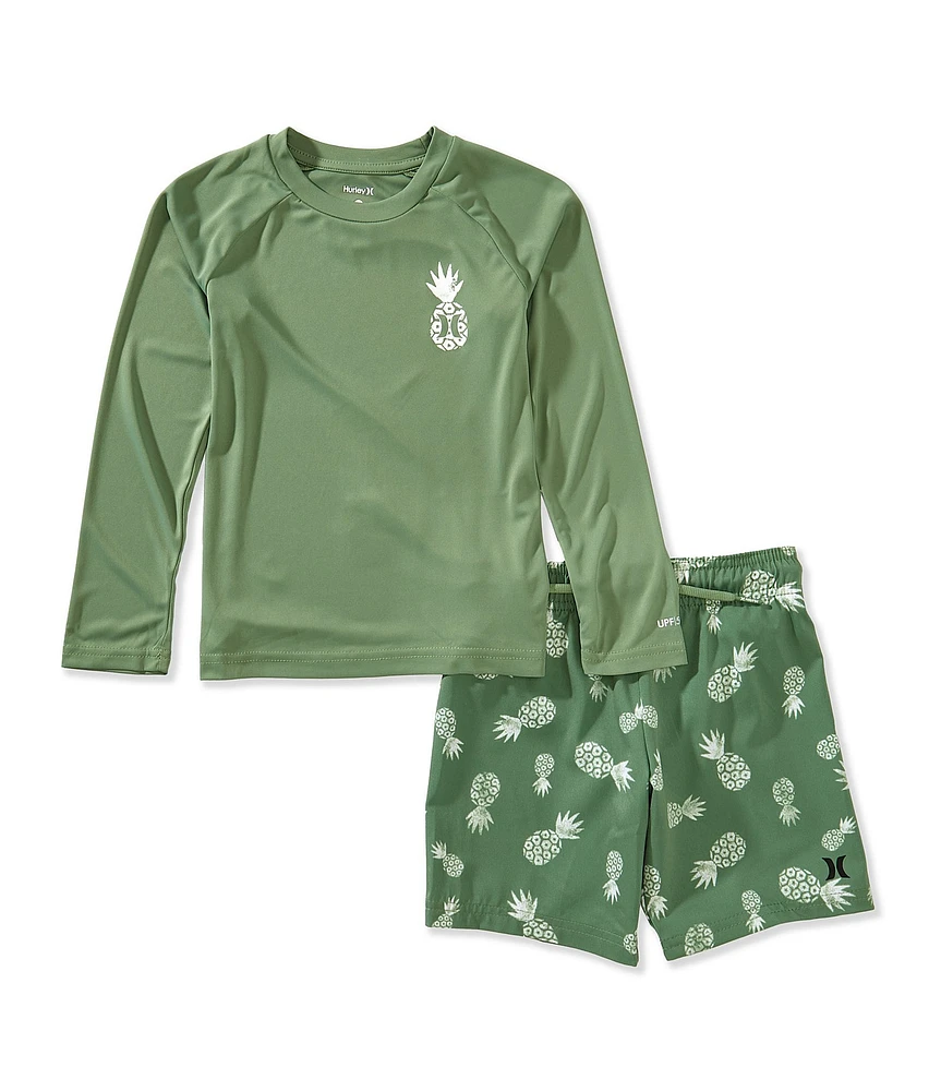 Hurley Little Boys Long Sleeve Pineapple Graphic T-Shirt & Allover Pineapple Printed Swim Shorts Set