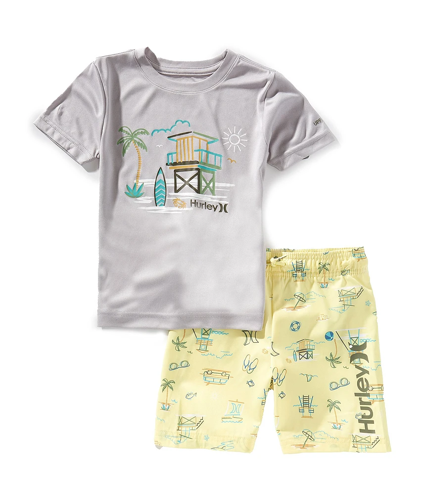Hurley Little Boys Short Sleeve Lifeguard T-Shirt & Allover Printed Swim Shorts Set