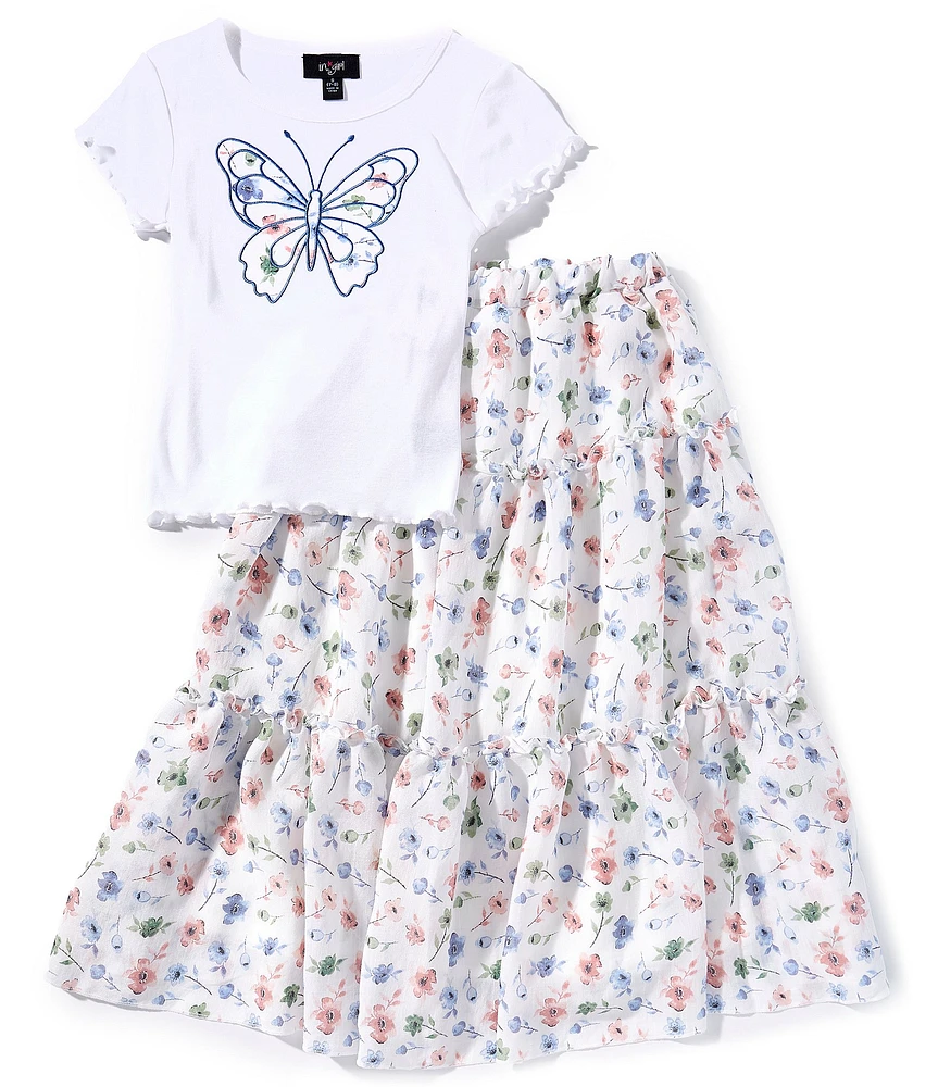 I.N. Girl Big Girls Butterfly Embroidered Top & Three-Tiered Maxi Skirt Set