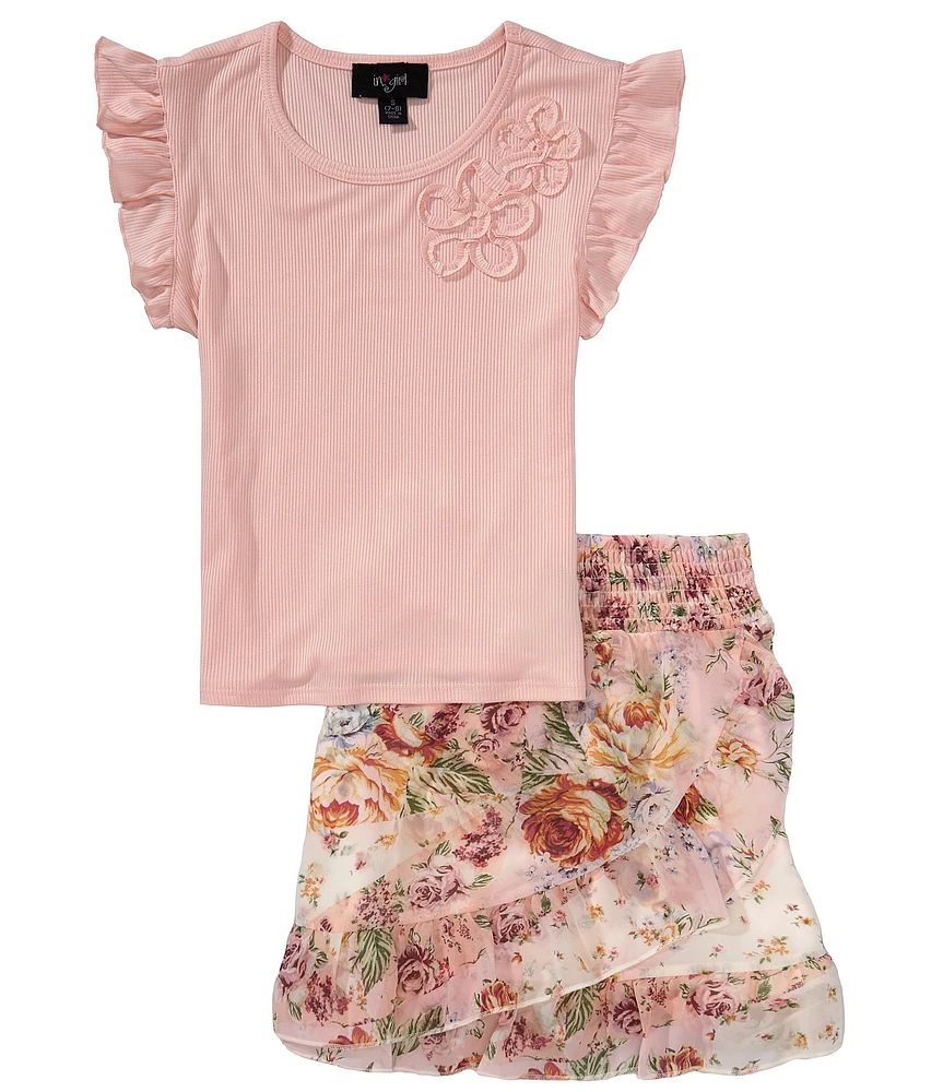 I.N. Girl Big Girls Flutter Sleeve Embroidered T-Shirt & Wrap Ruffle Skirt Two-Piece Set