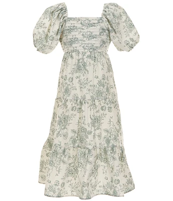 I.N. Girl Big Girls Puffed-Sleeve Floral-Printed Long A-Line Dress