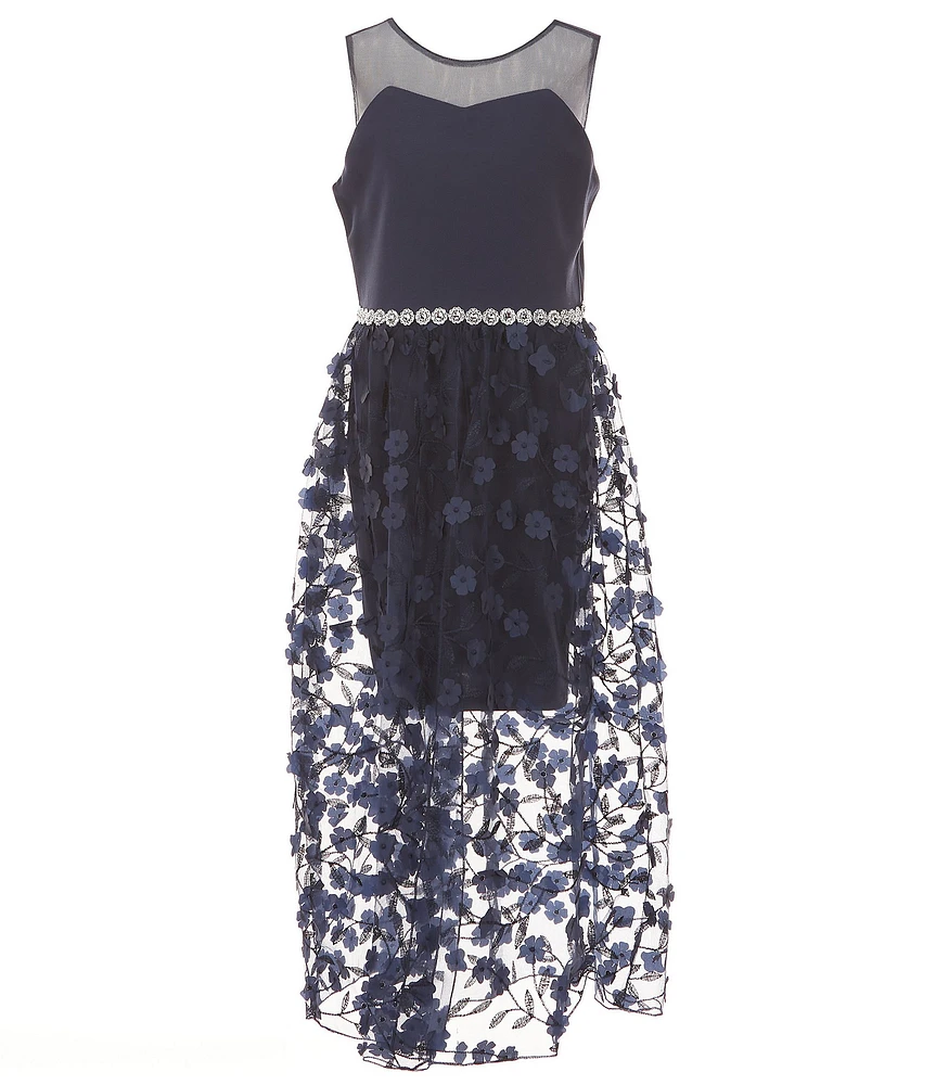 I.N. Girl Big Girls Sleeveless Illusion-Yoke/3D-Appliqued Sheer-Overlay Skirted Walk-Thru Dress