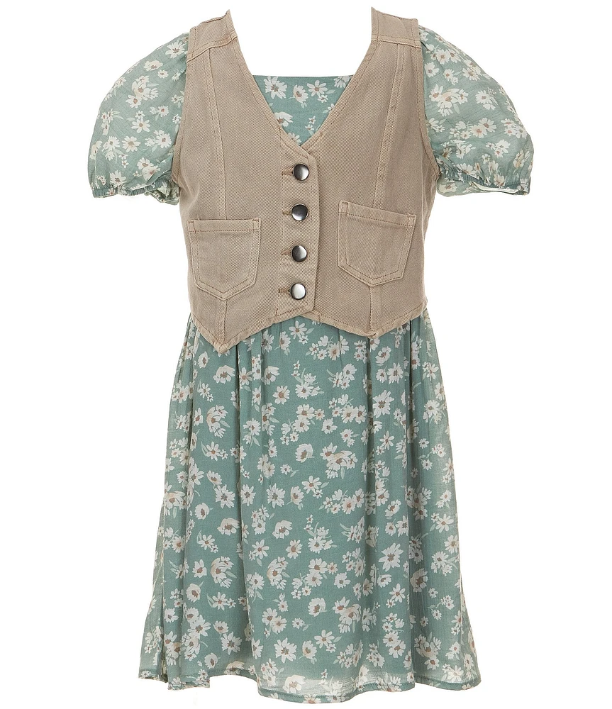 I.N. Girl Big Girls Western Vest & Short Sleeve Floral Print Fit & Flare Dress Set