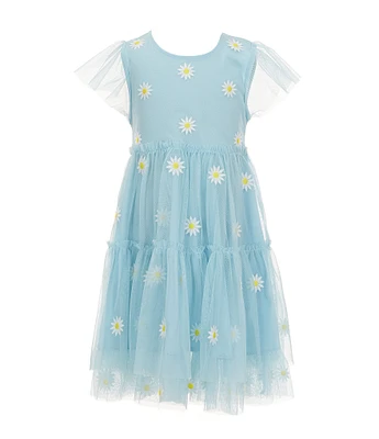 I.N. Girl Little Girls Short Sleeve Tiered Ruffle Embroidered Mesh Dress